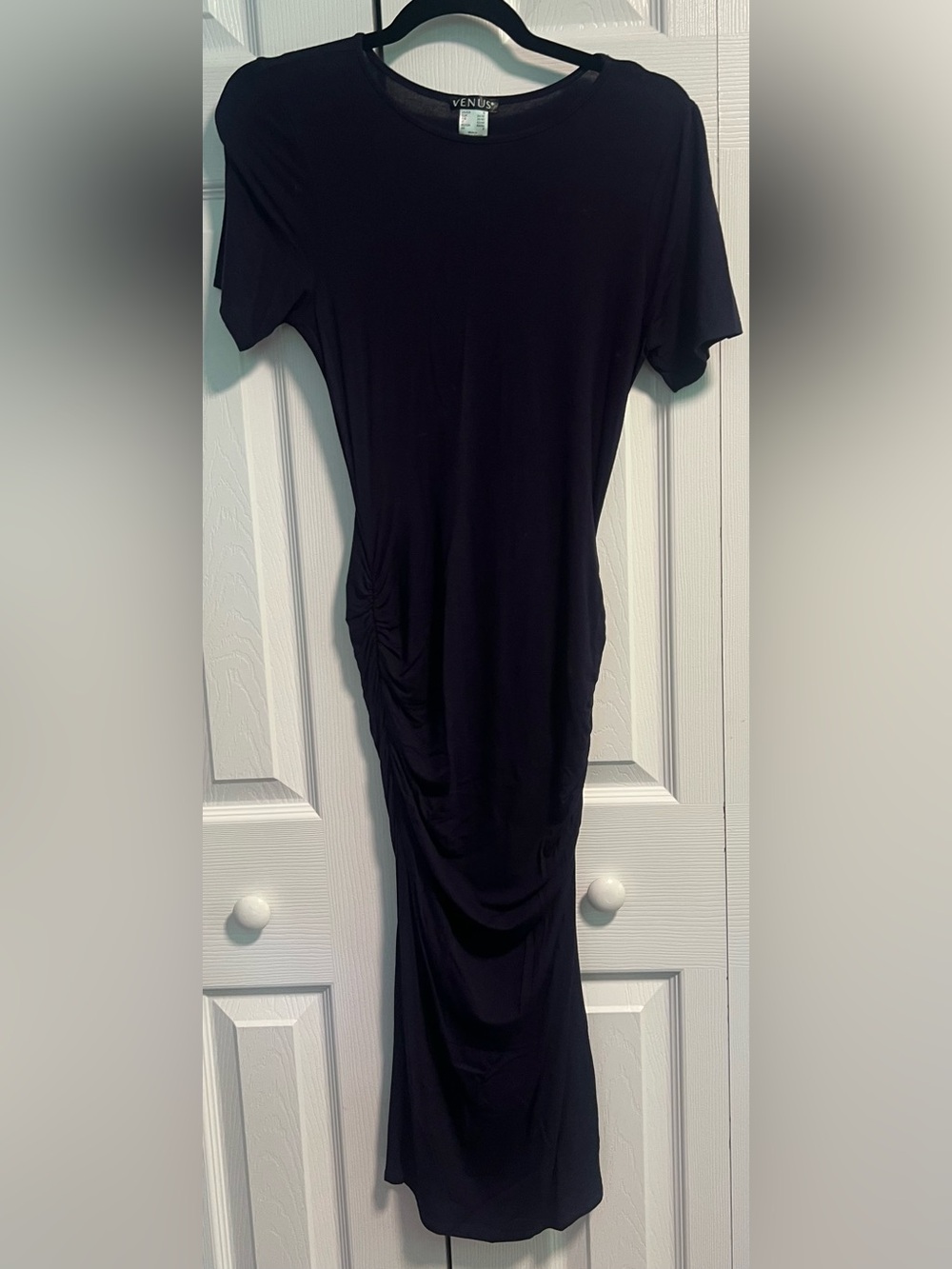 Venus Short Sleeved Side Ruched Bodycon Dress in Navy Blue